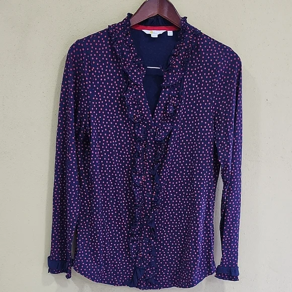 Navy Ruffle V-Neck Long-Sleeve Blouse with Red Micro Print - Picture 5 of 10